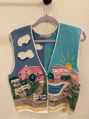 Vintage Lauren Hansen Womens Colorblock Novelty Knit Vest - Pink & Teal